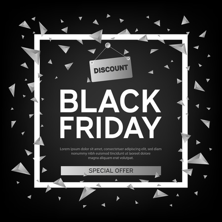 Black Friday Sale Poster with triangles on Black Background with Square Frame. Vector illustration.のイラスト素材