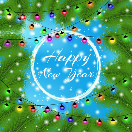 Happy New Year and Merry Christmas 2018. Elegant christmas background with christmas tree. Snowflakes, lights, sparkles and garlands on blue background. Led neon lamp. Greeting card design.のイラスト素材