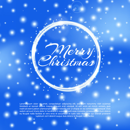 Merry Chtistmas background with bokeh effect. Elegant christmas blue background with snowflakes and sparkles. Greeting card design template with typography labelのイラスト素材