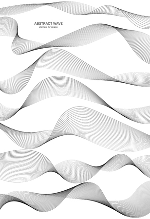 Abstract wave element for design. Digital frequency track equalizer. Stylized line art background. Vector illustration. Wave with lines created using blend tool. Curved wavy line, smooth stripeのイラスト素材