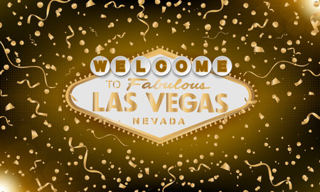 Classic retro gold Welcome to Las Vegas sign on gold background. Happy background. Simple modern vector style illustration. Vector colourful serpentine and confettiのイラスト素材