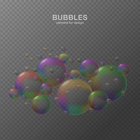 Colorful water bubbles on transparent background with reflection. Set. Colors of rainbow. Vector illustration.のイラスト素材