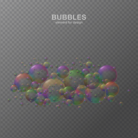 Colorful water bubbles on transparent background with reflection. Set. Colors of rainbow. Vector illustration.のイラスト素材