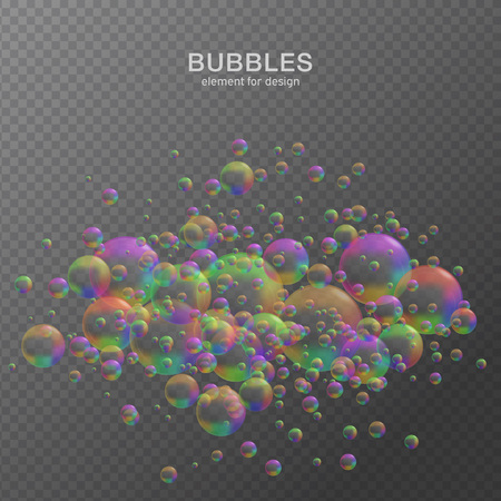 Colorful water bubbles on transparent background with reflection. Set. Colors of rainbow. Vector illustration.のイラスト素材