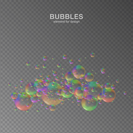 Colorful water bubbles on transparent background with reflection. Set. Colors of rainbow. Vector illustration.のイラスト素材