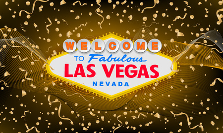 Classic retro Welcome to Las Vegas sign on colorful new year background. Happy new year 2019 gold background. Simple modern vector style illustration. Vector colourful serpentine and confetti.のイラスト素材