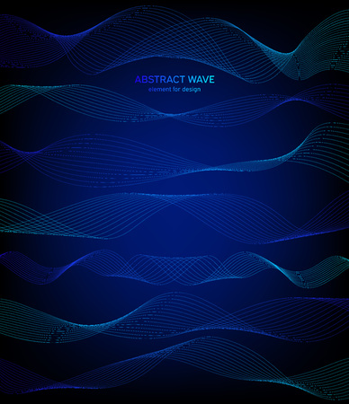 Abstract wave element for design. Digital frequency track equalizer. Stylized line art background. Colorful shiny wave with lines created using blend tool. Curved wavy line, smooth stripeのイラスト素材