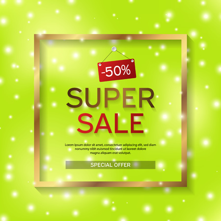 Sale banner. White frame with abstract geometric shapes around it on a green background. Spring. Vectorのイラスト素材