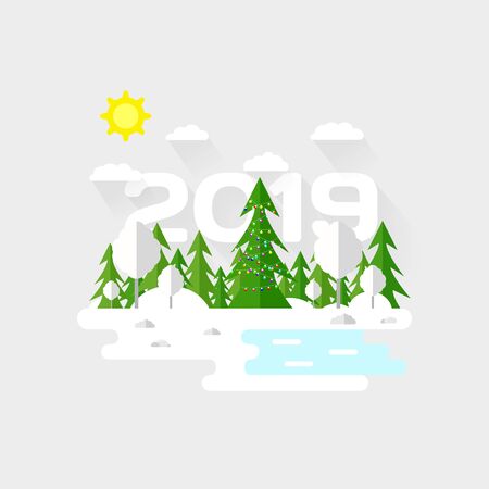 Illustration of beautiful forest, christmas tree scene. Winter landscape in flat style. Sunny day. Background. Mountains, forest, water, camping, hiking, tourism. Text.のイラスト素材