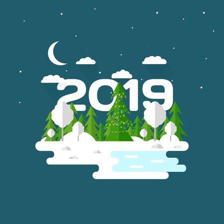 Illustration of beautiful forest, christmas tree scene. Winter landscape in flat style. Evening, night. Background. Mountains, forest, water, camping, hiking, tourism. Text.のイラスト素材