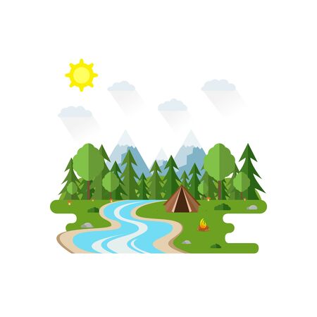 Illustration of beautiful forest scene. Summer landscape in flat style. Sunny day. Background Tent, mushrooms, trees, stones, campfire, mountains, forest and water. Camping, summer camp, hiking, tourismのイラスト素材