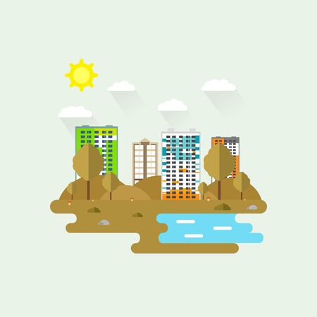 Cityscape with a lot of sky scrapers in autumn in the park area. Vector illustration in modern flat style. Buildings and business center. A autumn landscape across the tall buildings.のイラスト素材