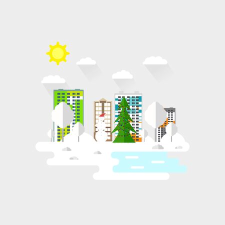 Cityscape with a lot of sky scrapers in winter in the park area. Vector illustration in modern flat style. Buildings and business center. New Year 2019.のイラスト素材