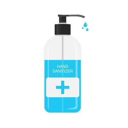 Hand sanitizer pump bottle. Alcohol gel. Kill coronavirus and stop most bacteria viruses. Sanitizer bottle, hygiene product. Covid-19 spread prevention. Stop No Infectionのイラスト素材