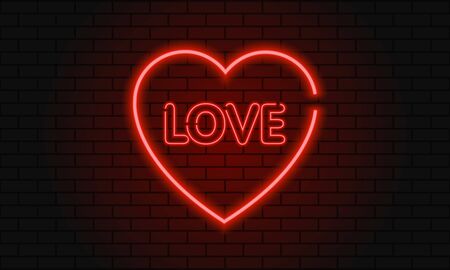 Valentines Day neon sign on the brick wall. Vector backgroundのイラスト素材