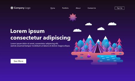 Landing page concept. Vector illustration in trendy and modern flat style. Beautiful forest scene. Tent, trees, mountains, forest.のイラスト素材