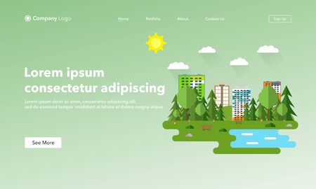 Landing page concept. Cityscape with a lot of skyscrapers in summer in the park area. Vector illustration in trendy and modern flat style. Tall buildings and business centerのイラスト素材