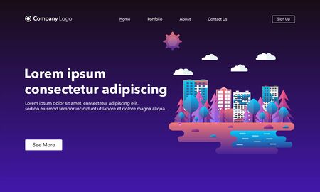 Landing page concept. Modern city landscape on a dark background. Vector illustration in trendy and modern flat style and bright vibrant gradient colors. Cityscape. Tall buildings and business centerのイラスト素材