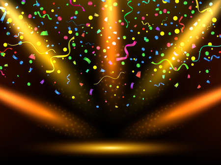 Stage with colorful yellow lights. Celebration. Vector serpentine and confetti. Background. Podium, road, pedestal or platform illuminated by spotlights. Vectorのイラスト素材