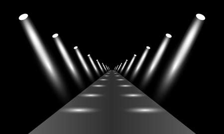 Podium, road, pedestal or platform illuminated by spotlights on black background. Stage with scenic lights. Vector illustration.のイラスト素材