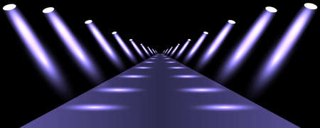 Podium, road, pedestal or platform illuminated by spotlights on black background. Stage with scenic lights. Vector illustration.のイラスト素材
