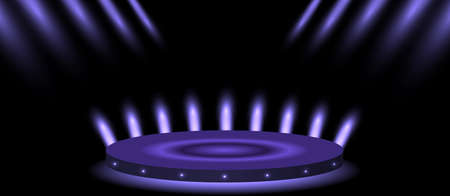 Podium, road, pedestal or platform illuminated by spotlights on black background. Stage with scenic lights. Vector illustration.のイラスト素材