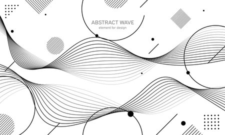 Abstract wave element for design. Digital frequency track equalizer. Stylized line art background. Vector illustration. Wave with lines created using blend tool. Curved wavy line, smooth stripeのイラスト素材