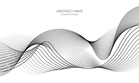 Abstract wave element for design. Digital frequency track equalizer. Stylized line art background. Vector illustration. Wave with lines created using blend tool. Curved wavy line, smooth stripeのイラスト素材