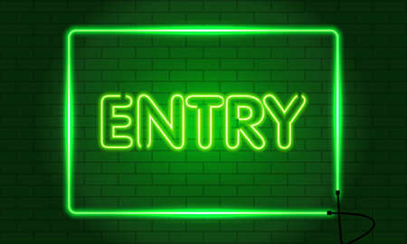 Retro club inscription Entry. Vintage electric signboard with bright neon lights. Green light falls on a brick background. Vector illustration.のイラスト素材