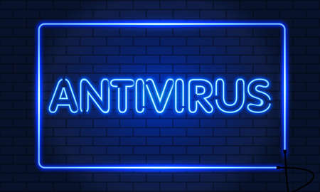 Neon sign antivirus in a frame on brick wall background. Blue. Vector illustration.のイラスト素材