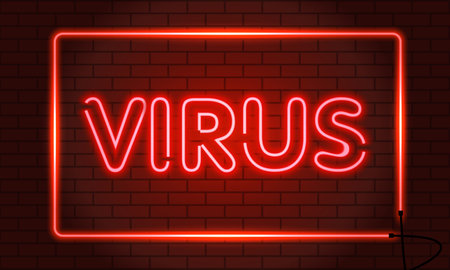 Neon sign virus in a frame on brick wall background. Red. Vector illustrationのイラスト素材