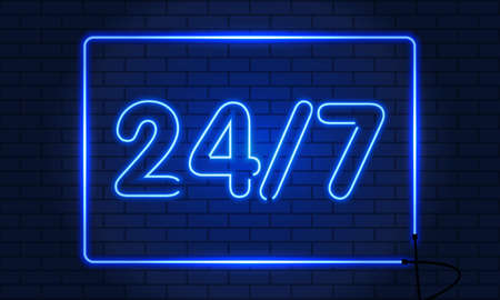 Open 24 to 7 Hours Neon Light on Brick Wall. Vector Illustration. 24 Hours Night Club. Bar Neon Sign. Blue. Vector illustration.の写真素材