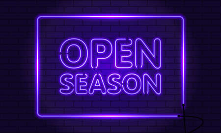 Neon sign open season in a squared on brick wall background. Purple. Vector illustrationの写真素材