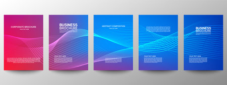 Cover geometric minimal. Set. Vector abstract line pattern for poster design. Set of templates for business brochures. Cool gradients. Graphic pattern for annual album backdropのイラスト素材