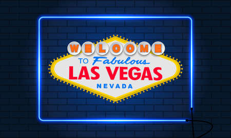 Classic retro Welcome to Las Vegas sign. Neon squared frame. Brick wall background. Simple modern flat vector style illustrationの写真素材