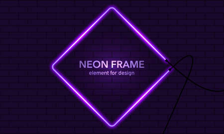 Neon rectangular clean frame on brick wall background. Purple. Vector illustrationの写真素材