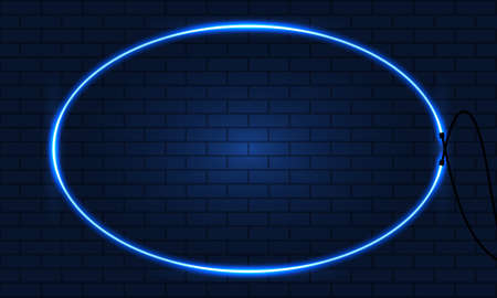 Neon oval clean frame on brick wall background. Blue. Vector illustrationのイラスト素材