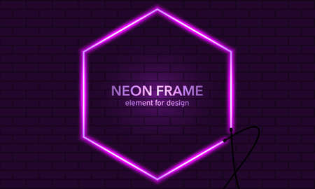 Neon hexagon clean frame on brick wall background. Pink. Vector illustrationのイラスト素材