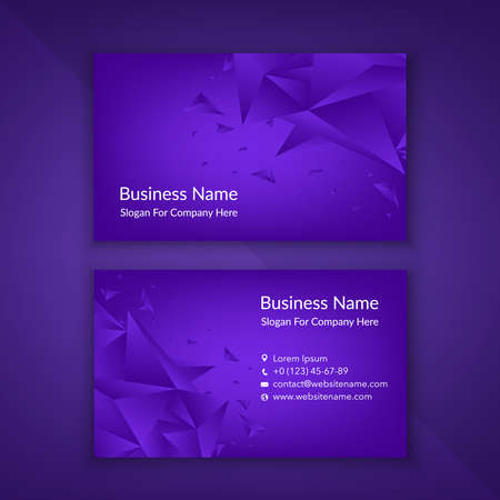 Business card template with 3D low polygon geometry purple background. Business, science, medicine and technology design. Abstract geometric minimal style art. Modern vector cardのイラスト素材