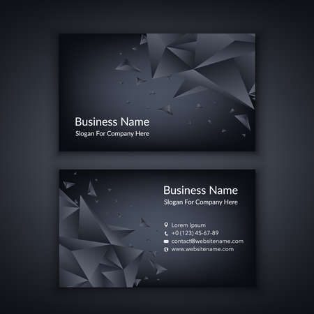 Business card template with 3D low polygon geometry black background. Business, science, medicine and technology design. Abstract geometric minimal style art. Modern vector cardのイラスト素材