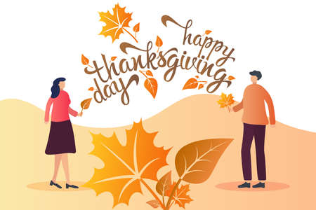 Happy Thanksgiving Day. Concept man and woman. Typography poster and greeting cards. Celebration text with leaves. Inscription, lettering, template, banner. Vector illustrationのイラスト素材