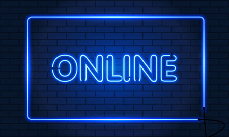 Neon sign ONLINE in a frame on brick wall background. Vintage electric signboard with bright neon lights. blue light falls. Vectorのイラスト素材