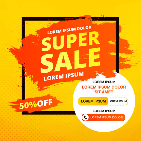 super sale banner. Minimal geometric abstract background. Bright design texture. dynamic shape composition. Discount up to 50 percent off. yellow vector illustrationのイラスト素材