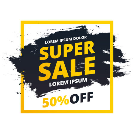 super sale banner. Minimal geometric abstract background. Bright design texture. dynamic shape composition. Discount up to 50 percent off. yellow vector illustrationのイラスト素材