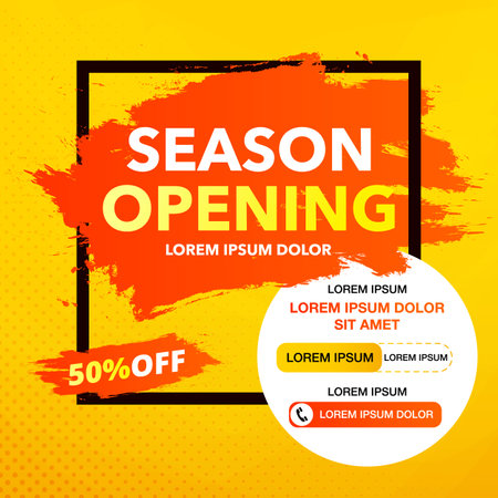Season opening banner. Minimal geometric abstract background. Bright design texture. dynamic shape composition. Discount up to 50 percent off. yellow vectorのイラスト素材