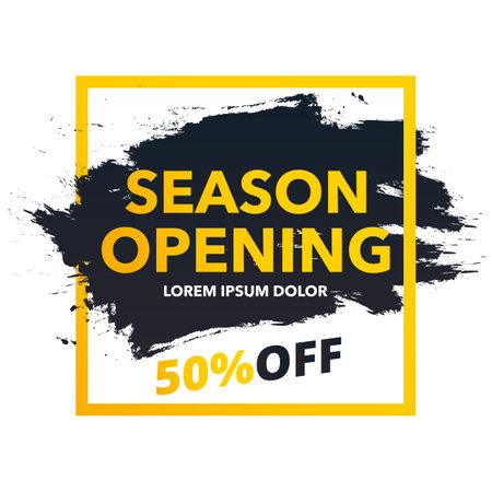 Season opening banner. Minimal geometric abstract background. Bright design texture. dynamic shape composition. Discount up to 50 percent off. yellow vectorのイラスト素材