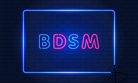 Neon sign BDSM in a frame on brick wall background. Vintage electric signboard with bright neon lights. Blue and pink light falls.のイラスト素材