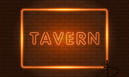 Neon sign tavern in a frame on brick wall background. Vintage electric signboard with bright neon lights. orange light falls. vectorのイラスト素材