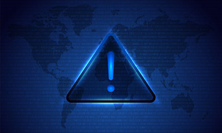 Attention Danger Hacking. Symbol on Map Dark Blue Background. Security protection, Malware, Hack Attack, Data Breach Concept. System hacked error, Attacker alert sign computer virus. ransomware. vector illustrationのイラスト素材