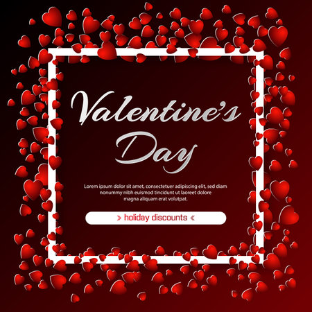 Valentines day sale red background with white hearts and frame. vector illustration. Wallpaper, flyers, invitation, posters, brochure, banners. Feb 14.のイラスト素材